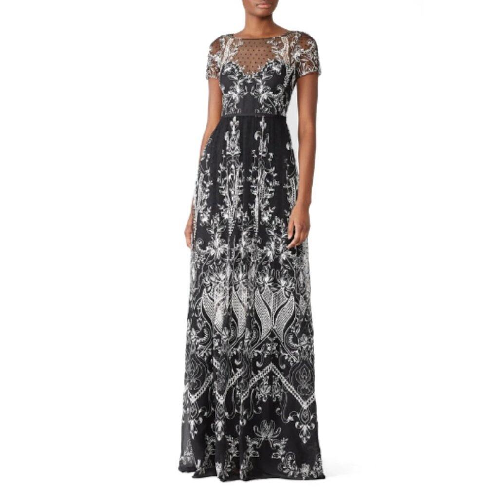 Marchesa Notte Embroidered Dotted Tulle Gown in in Black Size 2